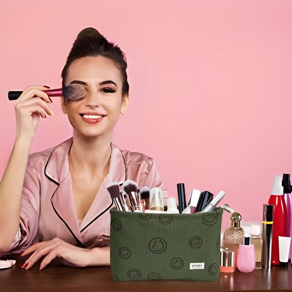 WLLWOO Makeup Bag-2pcs Smile Face Corduroy Cosmetic Bag Zipper Interior Waterpro - Picture 9 of 9